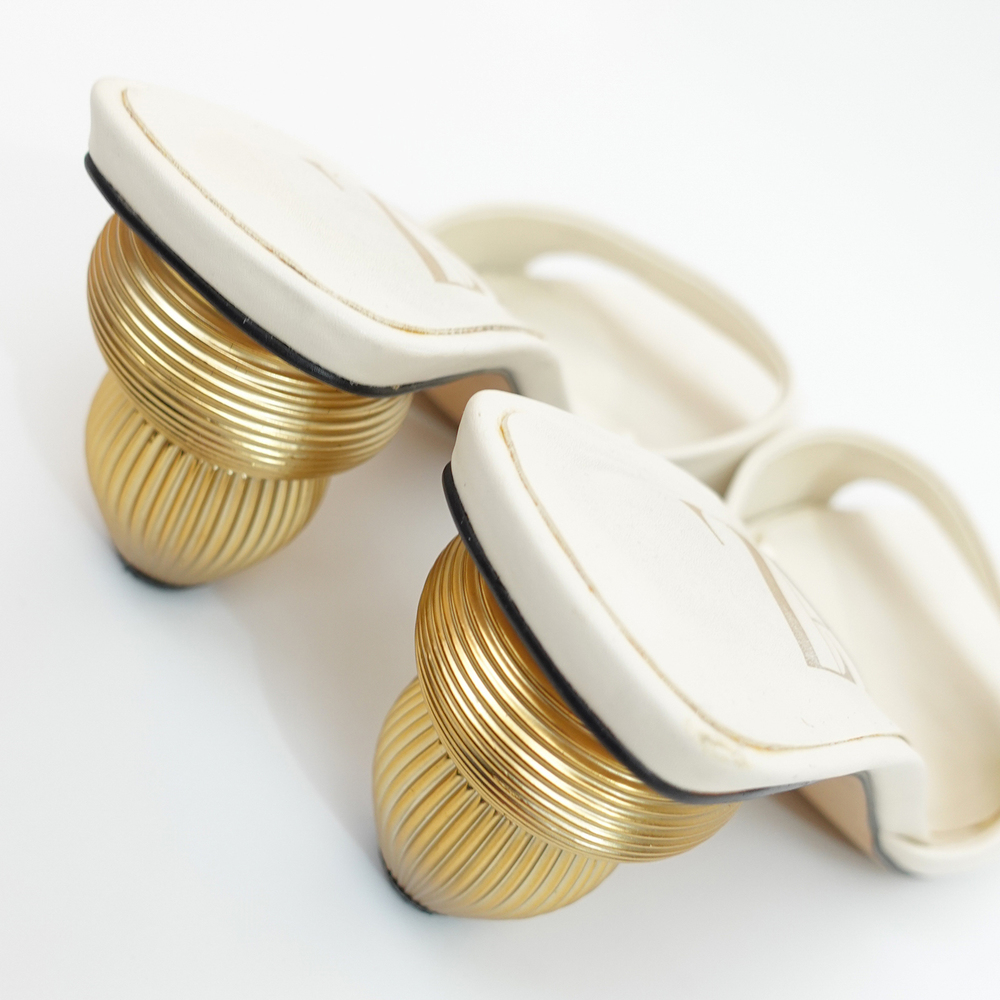 Zara White Slide Sandals with Gold Sculptural Ribbed Block Heel - EU 39/US 8 - Picture 10 of 12